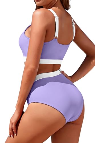 Image of Womens High Waisted Bikini Sets Sporty Crop Top Color Block Swimwear Bandeau Scoop Neck Vintage Two Piece Bathing Suits