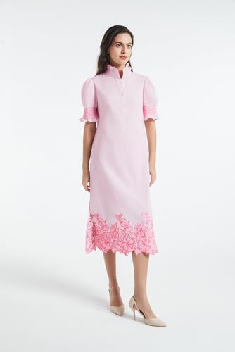 Image of Women's Summer Embroidered Midi Dress 2026 Button Down Short Sleeve Floral Shirt Dress