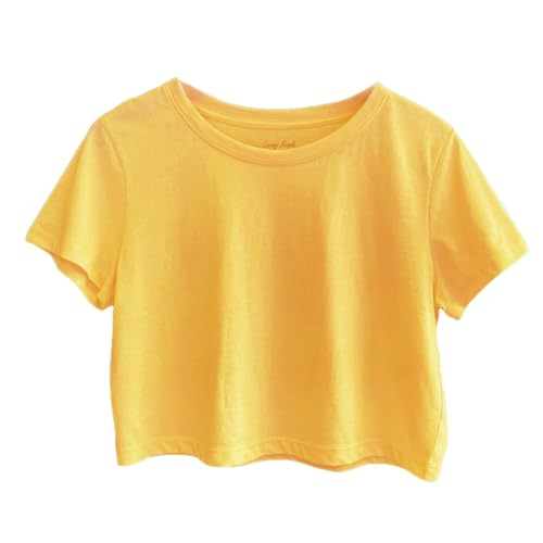 Image of Womens 100% Cotton Crop Tops Short Sleeve Crewneck Loose Fit Basic Tee Summer Casual Workout T-Shirt Fashion Clothes