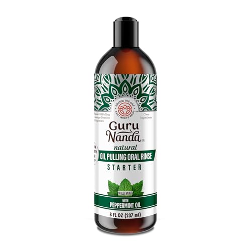 GuruNanda Starter Pulling Oil Mouthwash for Natural Teeth Whitening, Coconut and Peppermint Oil for Fresh Breath & Happy Gums, Alcohol-Free, 8 Oz