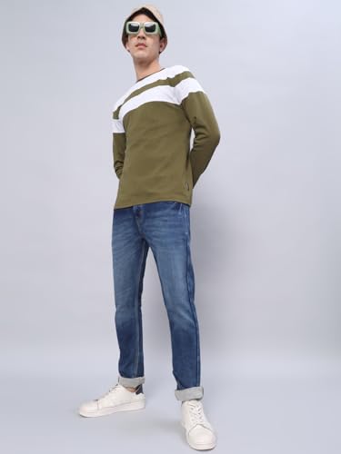 Image of THE DRY STATE Turquoise Blue Cotton Round Neck Full Sleeve Casual T-Shirt for Men