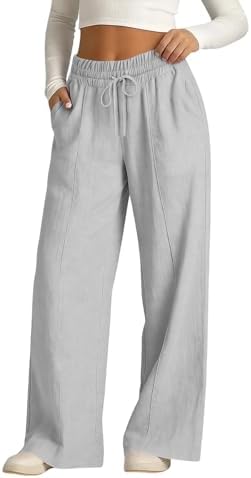 Rseomihvy Women's Cotton Linen Pants Summer Straight Wide Leg Trousers Drawstring Elastic Waist Loose Beach Vacation Outfits Gray