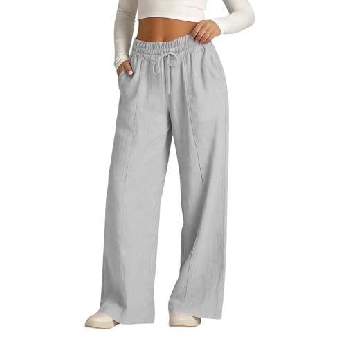 Rseomihvy Women's Cotton Linen Pants Summer Straight Wide Leg Trousers Drawstring Elastic Waist Loose Beach Vacation Outfits Gray