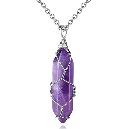 MAIBAOTA Amethyst Healing Crystal Stone Necklace Wire Wrapped Gemstone Point Pendant Necklaces Natural Spiritual Reiki Quartz Jewelry for Women Girls