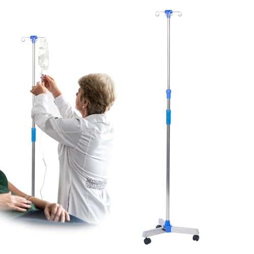Poste IV de acero inoxidable para sueros con altura ajustable y base rodante
