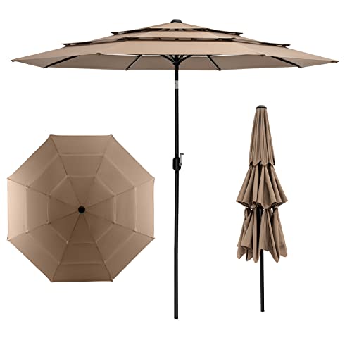 KOMFOTTEU 3-stöckiger Sonnenschirm, Gartenschirm 45° Knickbar, Terrassenschirm mit Sonnenschutz & PA-Beschichtung, Marktschirm Balkonschirm für Garten, Terrasse, Hof (Braun)