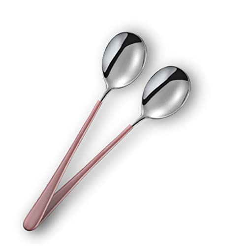 Image of Stainless Steel Dinner /Table Spoons, Silver Elliptical Head, Spoon Set, Length 21 cm, Set of 2, Pink