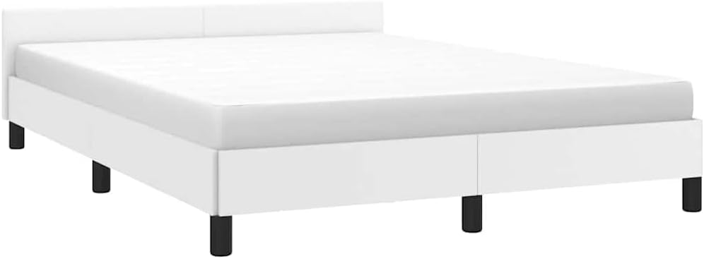 Bed Frame Full White Faux Leather Platform with Headboard, Durable Sturdy Slatted Foundation, No Box Spring Needed, Modern Minimalist Bedroom Furniture for Mattress Support