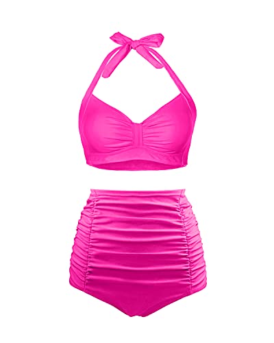 Holipick Hot Pink Women High Waisted Ruched Bikini Vintage Tummy Control Swimsuit Retro Two Piece Bathing Suits with Halter Top M