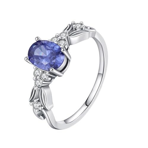 Fashion Ring Set, Anillos para Mujer de Oro 14K Blanco Vintage Leaf with Purple Oval Lab Created Sapphire Size 7.5