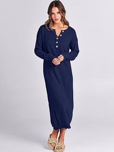 Image of ANRABESS Women Long Sleeve Button V Neck Oversized Casual Loose Fit Waffle Knit Fall Midi Sweater Dress 2026 Trendy Outfits