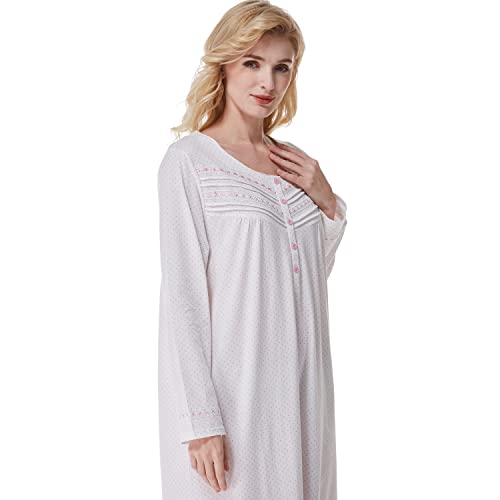Keyocean Elegant Nightgown For Women, Soft 100% Cotton Knit Nightgowns, Lightweight Long Sleeve Ladies Nightdress, Pink Dots, Large (L) #TOP2