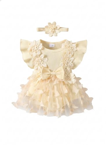 JiAmy Baby Mädchen Flügelärmel Strampler Kleid mit 3D-Schmetterling Stirnband Baumwoll-Tüllkleid Neugeborene Babykleidung 0-3 Monate Beige