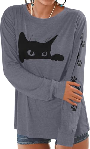 Image of JINTING Cat Shirts for Women - Loose Fit Lightweight Long Sleeve Graphic Autumn Outfits Printed Blouse Casual Tops