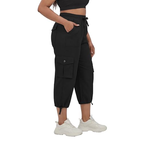 Plus Size Capris for Women with Pockets - Stretch Pull-On Cargo Wide Leg Cropped Activewear Joggers Sweatpants Black 2XL