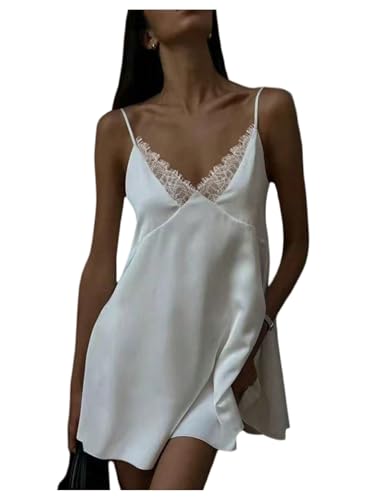 GORGLITTER Womens Lace V Neck Satin Dress Spaghetti Strap Tie Backless Sexy Wedding Guest Party Mini Dresses White Medium