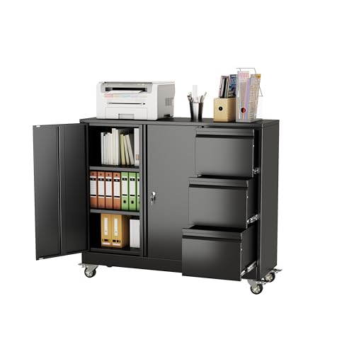 GDNVBRDS 3 Drawer Metal File Cabinet with Wheels, Lockable Mobile Lateral Filing Cabinet for Home Office, Unique Gooseneck Edge Design, Fits Letter/A4/Legal Size, Under Desk Storage Cabinet, Black