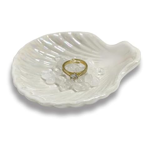 TIGERMILLION Shell Shaped Jewelry Dish Tray, Ceramic Seashell Ring Dish Holder, Jewelry Bowl Dish Aesthetic for Home Décor Bathroom, Birthday Christmas Gift for Mom Sister Friend, White Iridescent Cover