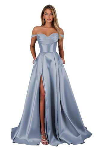 Satin Prom Dress for Women Off The Shoulder Formal Evening Dresses with Slit Sweetheart Ball Gown AD085