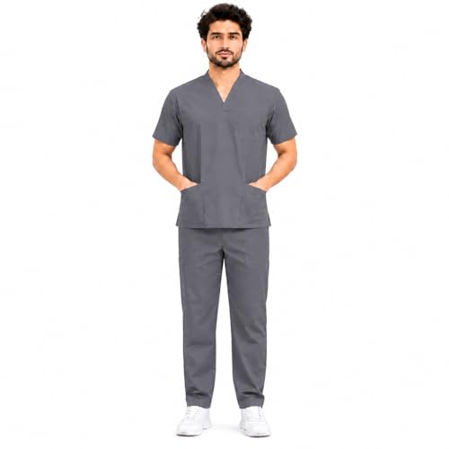 Image of Unisex Medical Scrub Suit Set, V-Neck Top with Pants, Short Sleeve, Polyester Cotton Blend, 7 Pockets, Regular Fit, Hospital Doctor Nurse Uniform