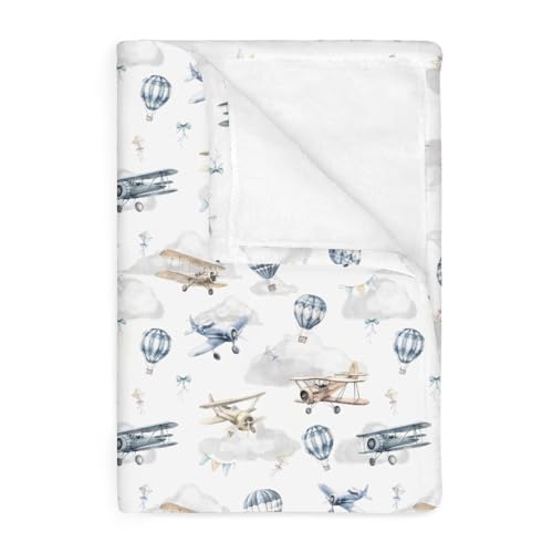 Vintage Planes Airplanes Helicopters Baby Blankets for Boy Girl Hot Air Balloon Plane Clouds Sky Soft Flannel Nursery Bed Blankets for Infant Toddler...