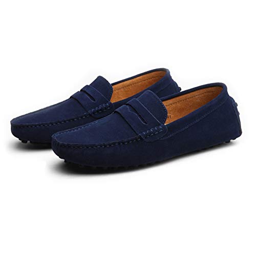 Penny Loafer for Men Square Apron Toe Slip On Driving Shoes Stitching Nubuck Leather Anti Slip Rubber Sole with Grips Solid Color(Navy,10 M US)2