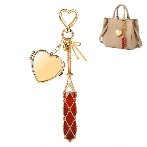 Image of Indiana Y2K Metal Lipstick Holder with Touch Up Mirror, Golden Heart-Shaped Clasp Design Portable Makeup Lipstick Balm Organizer Chic Bag Link Charm Accessories