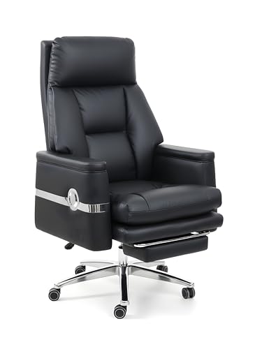 Executive Office Chair| Black Leather| High Back with Headrest| Chrome Accents| Adjustable Height| Swivel Base with Casters FIDDY Furniture