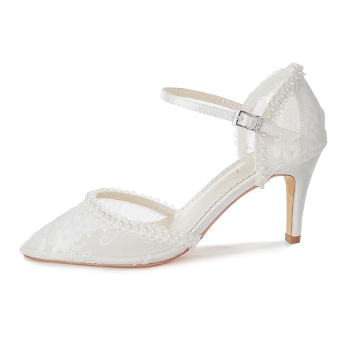 Elivandon 870174 Women Lace Wedding Heels Pointy Toe Pearl 2.95 Inch Mid Heel Buckle Bride Pump Wedding Shoes4