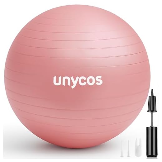 unycos - Pelota de Pilates, Gimnasia, Yoga, Fitness y Embarazo, Fitball Antideslizante y Anti-Burst【65 cm】de PVC Extra Grueso, Resistencia de 300 kg, Incluye Hinchador (Rosa Claro con Logo)