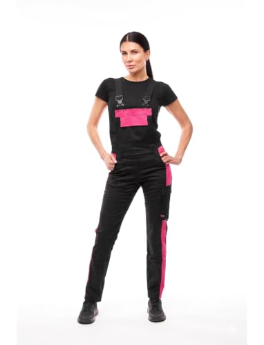 strongAnt Latzhose Damen Strong Cotton Stretch mit Kniepolstertaschen Latzhose für Handwerk und Bau Schwarz-Pink Gr. 50