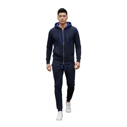 PrintWink Men Tracksuit Set | Sweatsuit with Hooded Bottoms & Joggers | Men’s Activewear for Sports, Work & Jogging | Gym Set Shirt with Zipper & Pockets for Training & Casual Wear | Navy/Blue 3XL