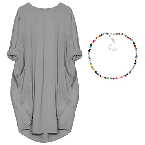 aromm Damen Rundhalsausschnitt T Shirts Kleid Lose Einfach Lässig Übergröße Midi Longshirt Grau,5XL