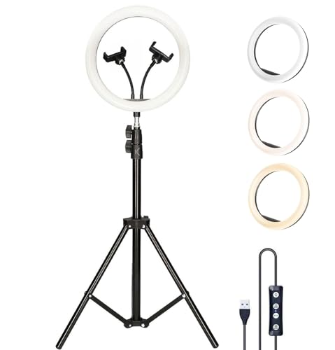 Aro de Luz Grande 33cm 13 de diámetro con Trípode Regulable Desde 55 cm hasta 200cm, 2 Soportes para Móvil, 3 Modos de Luz y 10 Niveles de Brillo
