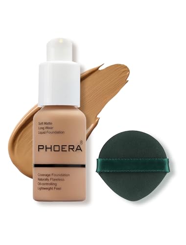 PHOERA Foundation Makeup Naturally Liquid Foundation Full Coverage Mattle Oil-Control Concealer 8 Colors Optional Great Choice For Gift (#105 Sand 30ml)