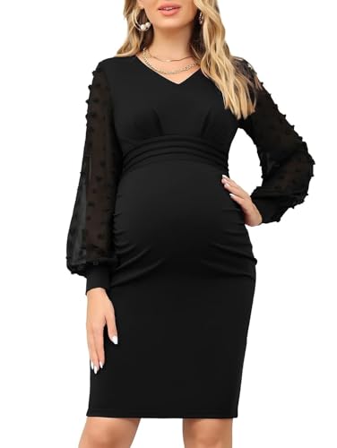Havejoy Vestiti Premaman Eleganti da Cerimonia Abito da Sera Corto Donna Elegante Invernale Curvy Vestito Maternity Photography Nero Mini Abiti Aderenti Scollo a V Maniche a Palloncino Bodycon Dress