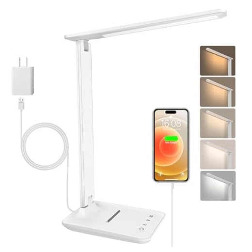 Jumoking Schreibtischlampe LED Dimmbar Augenschutz,Desk Lamp mit 5 Farben und 5 Helligkeitsstufen,Tischlampemit USB Ladeanschluss Touch Steuerung für Kinder, Schlafzimmer, Lektüre, Büros (White)