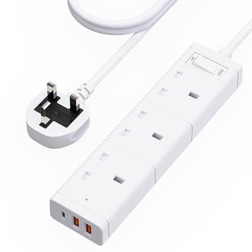 Extension Lead with USB Slots, 3 Gang Plug Extension Socket, Power Strip with 2 USB-A and 1 USB-C, Extension Cable 1.2M for Home Office Travel Essentials