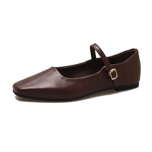 Women's Leather Mary Jane Flats with Lace Buckle,Comfortable Square Toe Slip-on Ballet Flats Retro Dress Walking Shoes.
