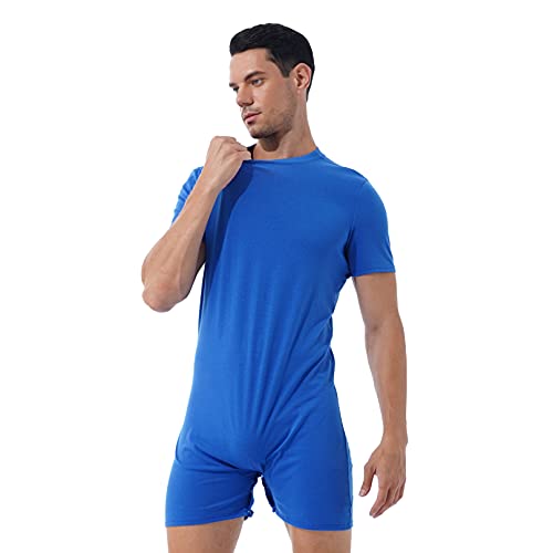 MSemis Men's Wrestling Singlet Leotard Bodysuit Underwear Spandex One-Piece Dance Unitard Biketard Jumpsuit Blue Short Sleeve XX-Large