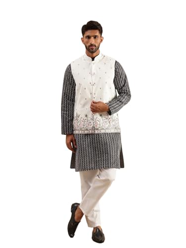Image of SOJANYA Men's Silk Blend Black Kurta and White Pyjama With Daman Embroidered Black Nehru Jacket