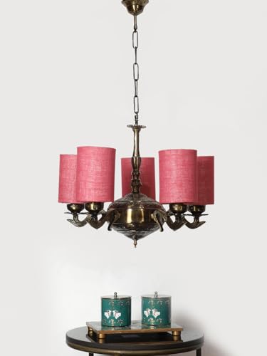 Image of Devansh 05 Lights Pink Jute Round Shade with Antique Golden Chandelier