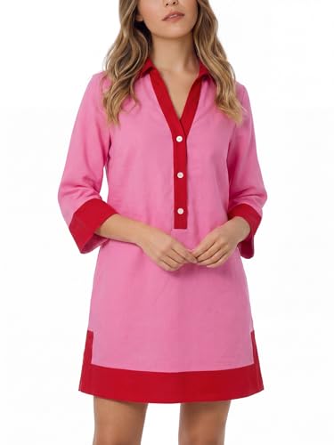 Image of Kedera Women Button Shirt Dress V Neck Short Sleeves Summer Casual Work Shift Tunic Dress with Pockets