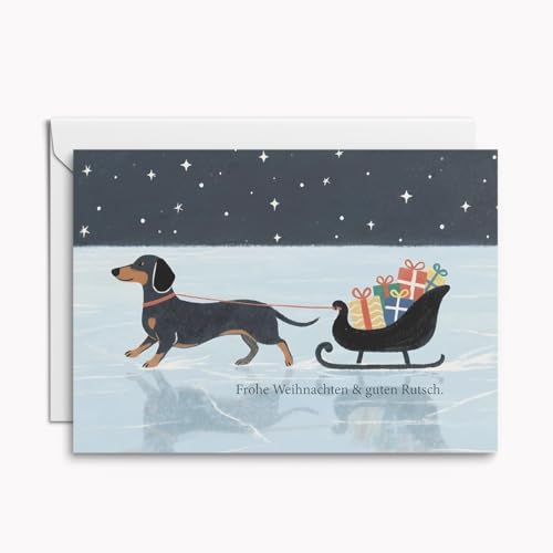 Witzige Dackel Weihnachtskarte – originelle Klappkarte Frohe Weihnachten & guten Rutsch, Hund mit Schlitten, inkl. Umschlag & weißem Einleger