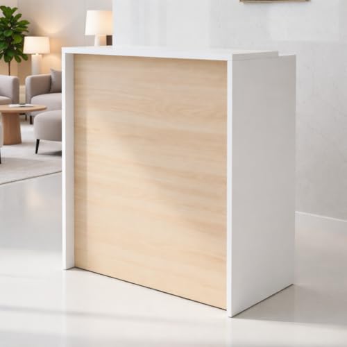 OFIFACTORY Mostrador Recepcion Profesional | Mostradores para Tiendas de Madera 25MM Grosor | Mesas para Recepción de Oficina, Peluqieria | Mueble Recepcion con Estanteria (Acacia, 80x105x50)