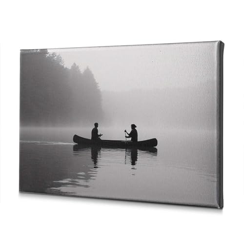 Tableau sur toile canoë lac brumeux haut de gamme - Toile imprimée tendue 30x40cm