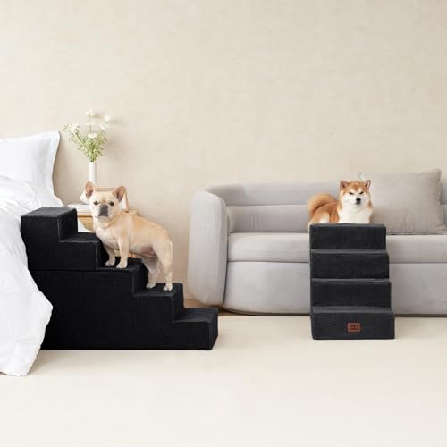 Image of EHEYCIGA Dog Stairs for High Bed 25 inch H, 5-Step Extra Wide Dog Steps for Bed, Pet Steps for Small Dogs and Cats, Non-Slip Balanced Pet Ramp Indoor, Black