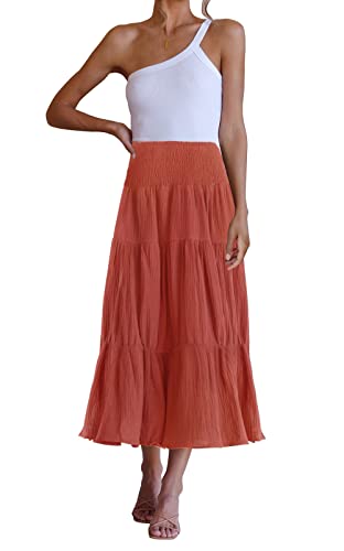 ZESICA Women s Casual High Elastic Waist Solid Color Ruffle A Line Swing Midi Skirt,RustRed,Large