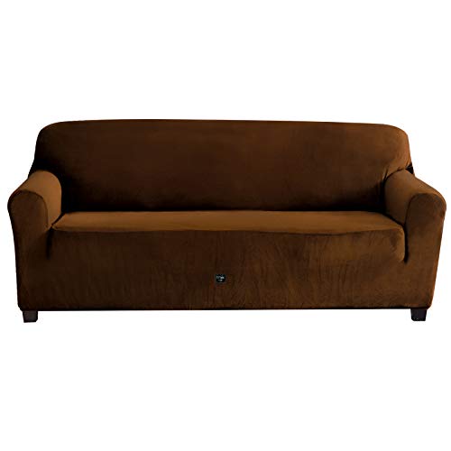 Furlinic Housse de Canapé Extensible avec Accoudoirs Relax Tissu Velours 3 Places Marron Moderne Couvre Canapé Protection Élastique Cover