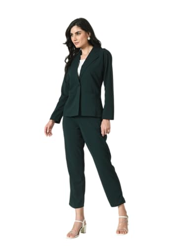 Image of Women's Lyocell Casual Solid Full Sleeve Collared Top and Pant Set with Blazer | Western Set for Women